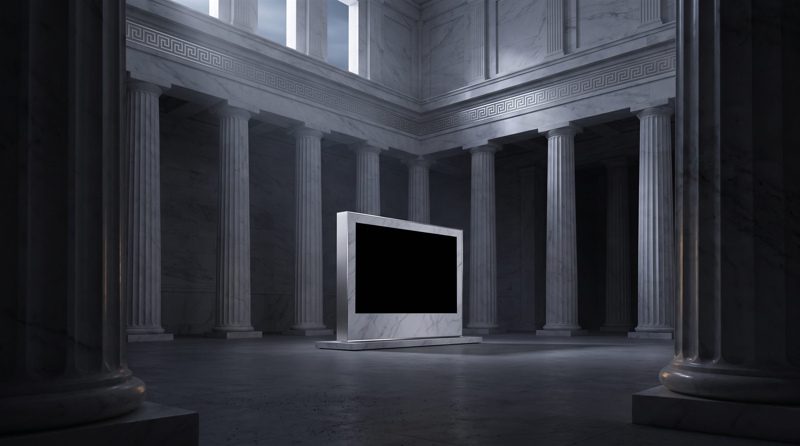 A monumental marble hall with a thin silver display at its center