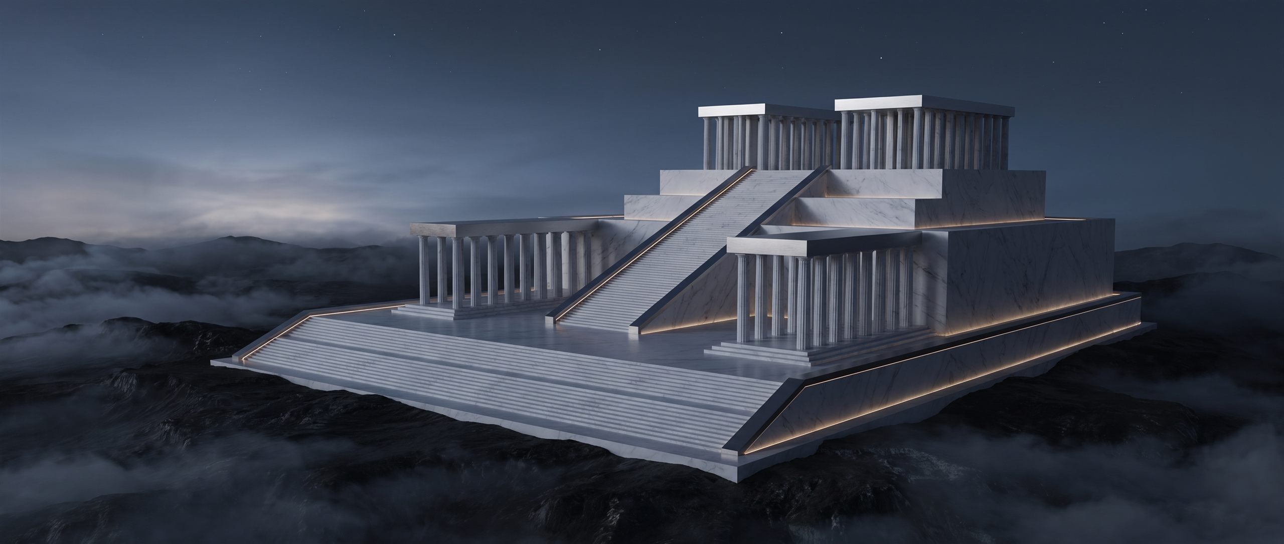 The monumental marble headquarters of Praxiflux at dusk