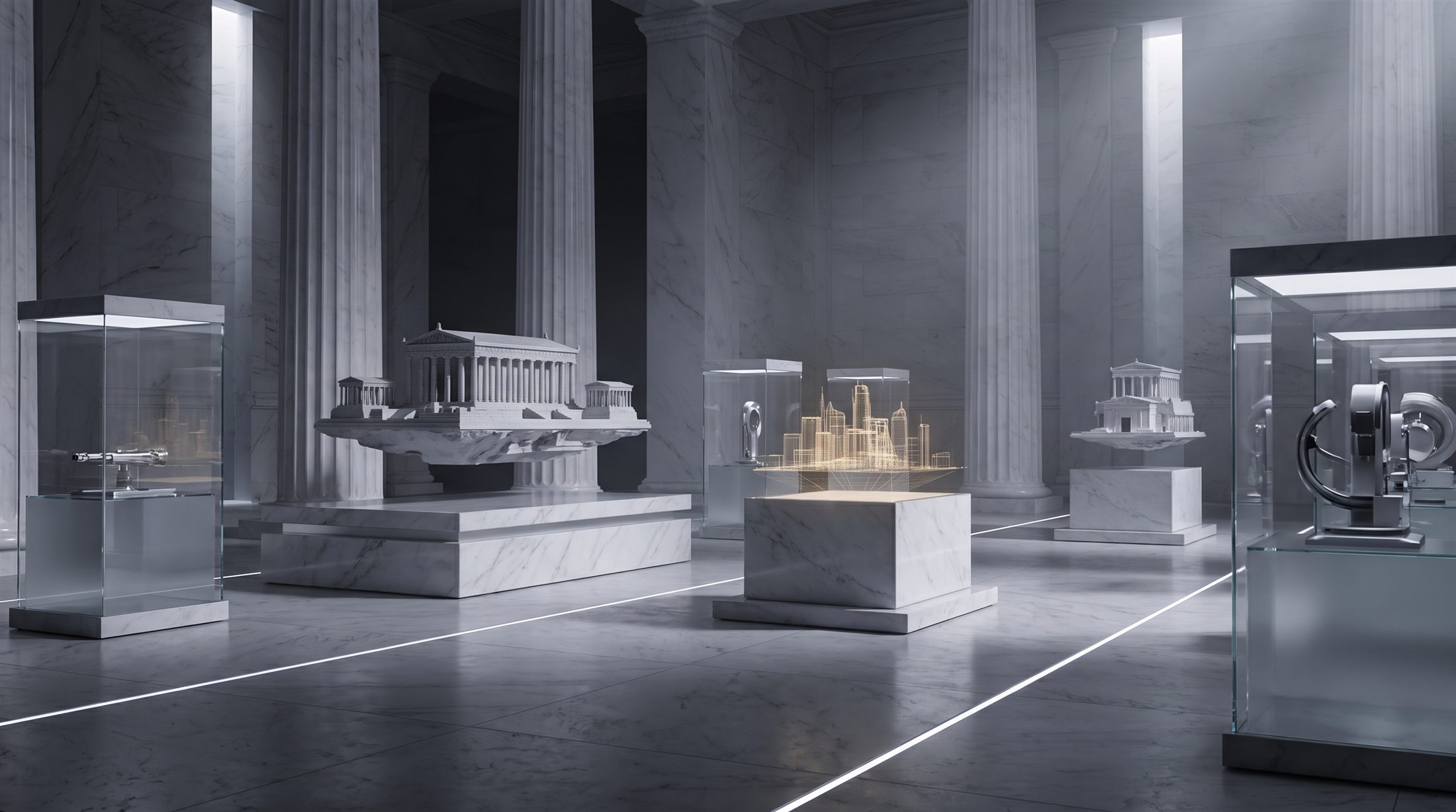 A marble gallery where technology is displayed like art