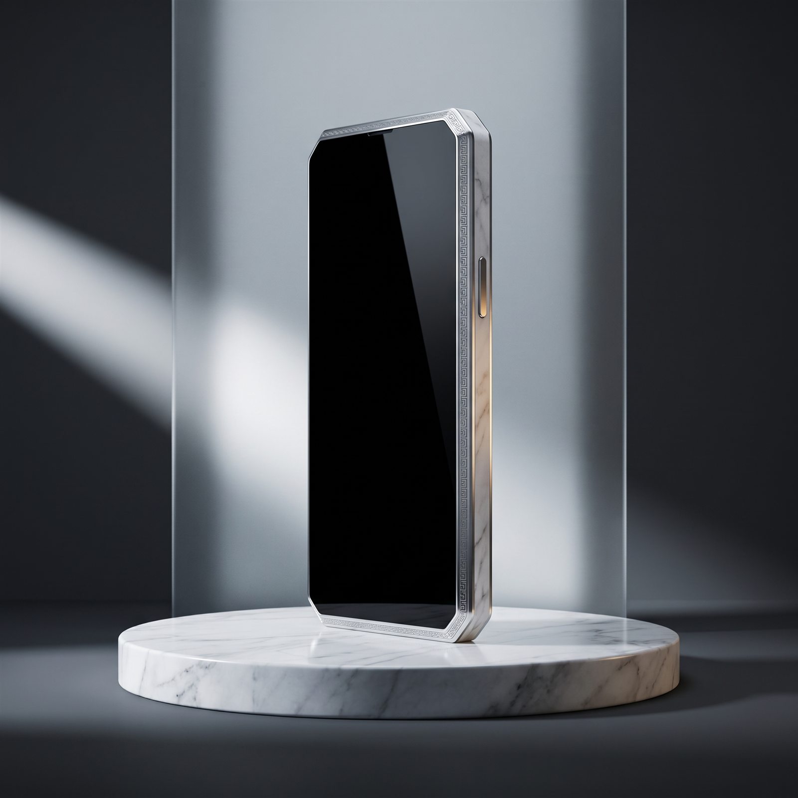 A smartphone carved from marble and silver, screen at rest